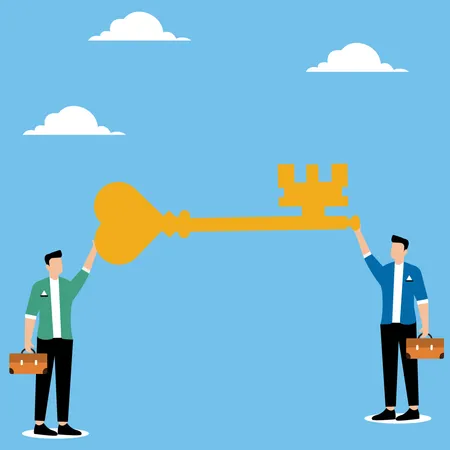 Men picking up huge key  Illustration