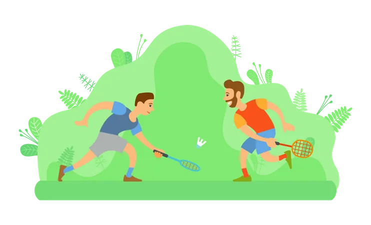 Men playing badminton in park  Illustration