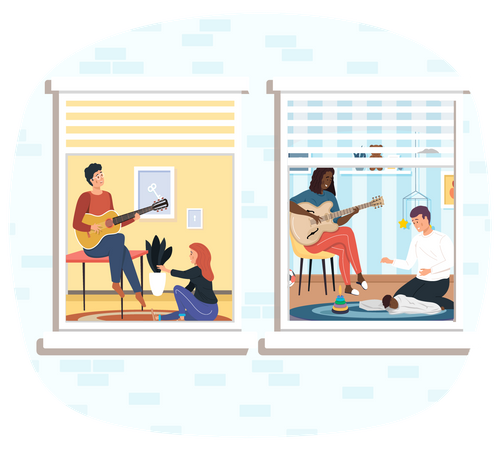 Men Playing guitar in their home Illustration