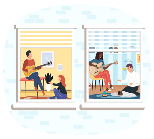 Men Playing guitar in their home  Illustration