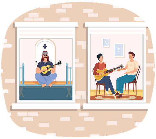 Men Playing guitar in their home  Illustration