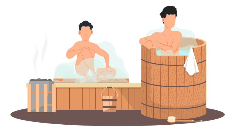 Men relaxing in sauna room  Illustration