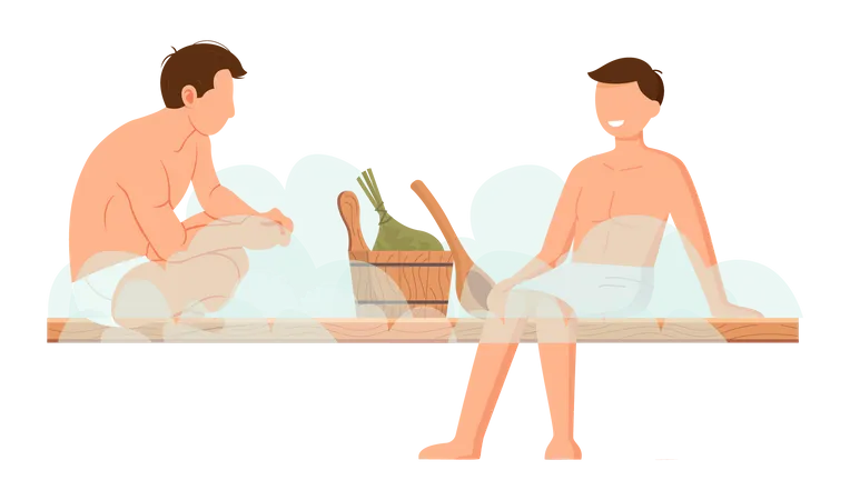 Man In White Towel Rest On Wooden Bench At Hot Steam Sauna Relaxing And Wellness In Finnish Russian Bath Or Spa Center Heat Therapy Relaxation And Health Care Bathing Character Wellness Procedure Illustration