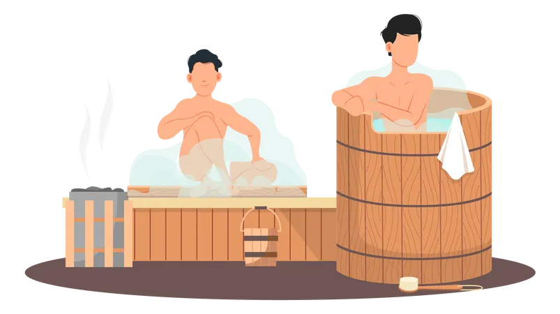 Men relaxing in sauna room  Illustration