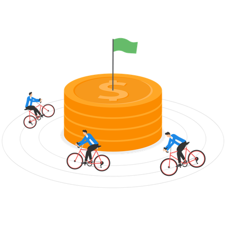 Men riding cycle for distillation around large gold coin  Illustration