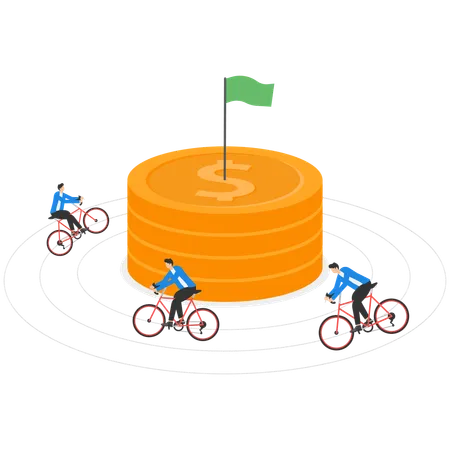 Men riding cycle for distillation around large gold coin  Illustration