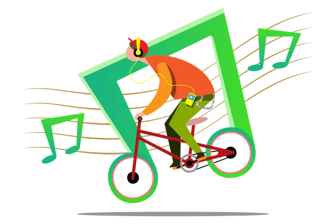 Men riding cycle with listening song  Illustration