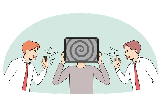 Men screaming information to overwhelmed person  Illustration