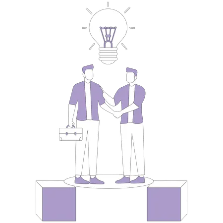 Men shake hands and light bulb lit up above them  Illustration