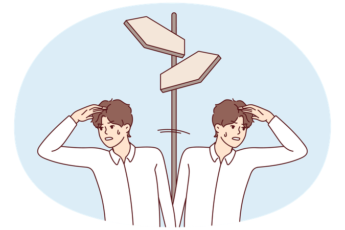 Men stand at crossroads and look at different sides need to make difficult decision  Illustration