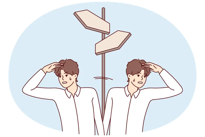 Men stand at crossroads and look at different sides need to make difficult decision  Illustration