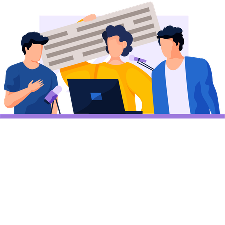 Men standing near laptop and communicate  Illustration