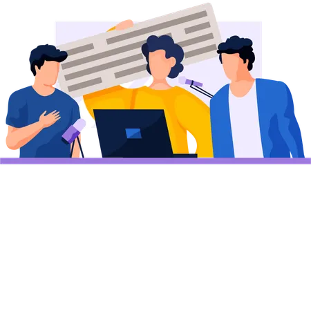 Men standing near laptop and communicate  Illustration
