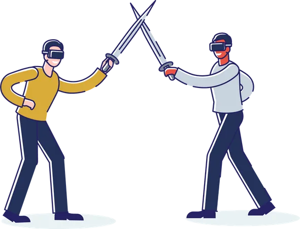 Men virtual reality glasses fighting on swards  Illustration