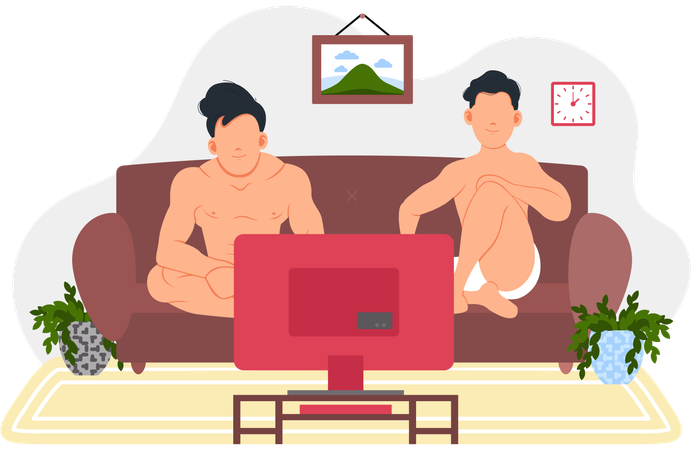 Men watching television in living room  Illustration