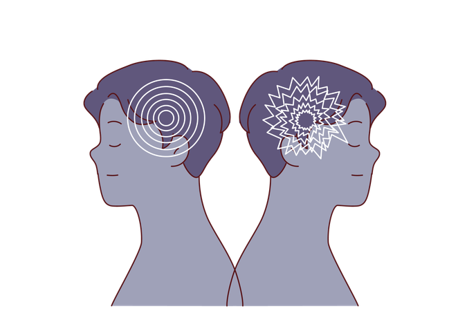 Men with healthy psychological state and bipolar disorder causing brain damage  Illustration