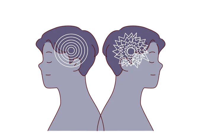 Men with healthy psychological state and bipolar disorder causing brain damage  Illustration