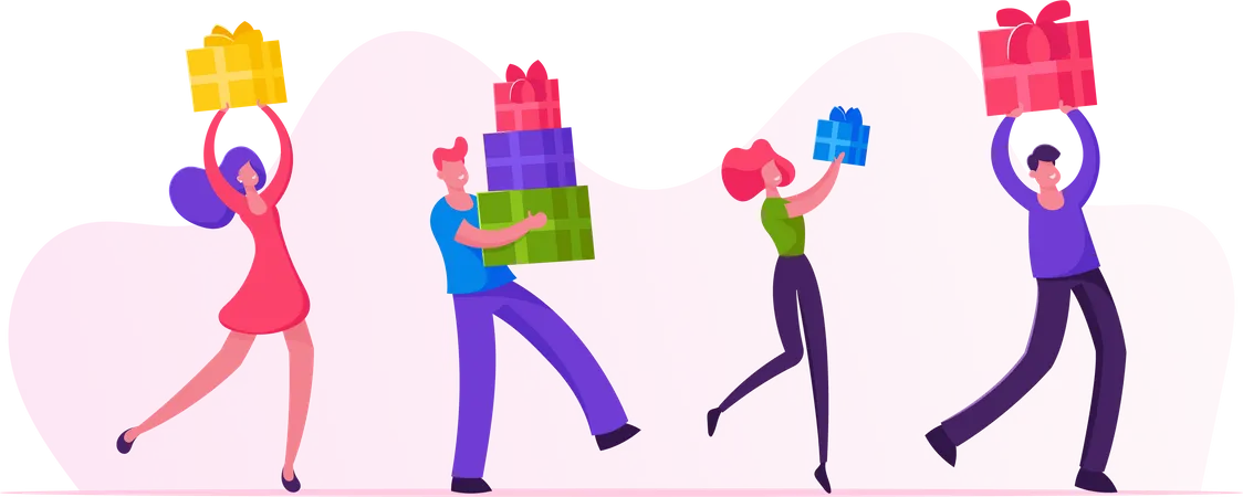 Men Women Buying Presents for Family and Friends Illustration