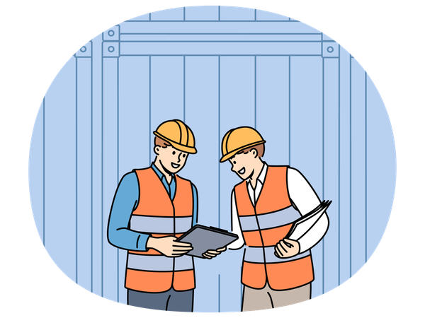 Men work in industrial field and stand near sea shipping containers discussing logistics cargo  Illustration