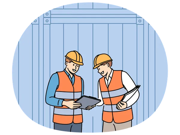 Men work in industrial field and stand near sea shipping containers discussing logistics cargo  Illustration