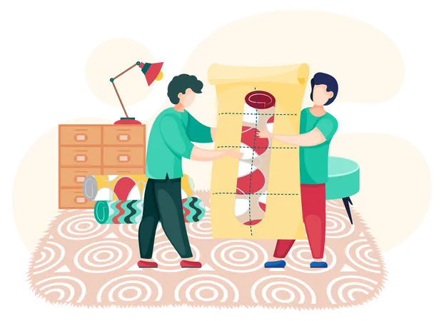 Manufacture Of Carpets Concept Men Are Working On Design Of New Carpet Interior Shop Flat Vector Illustration People Stand Holding Textile Product Design Template In Room With Rolled Carpets Illustration