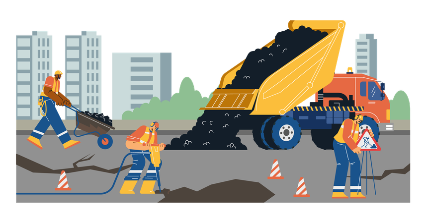 Men working at road construction  Illustration