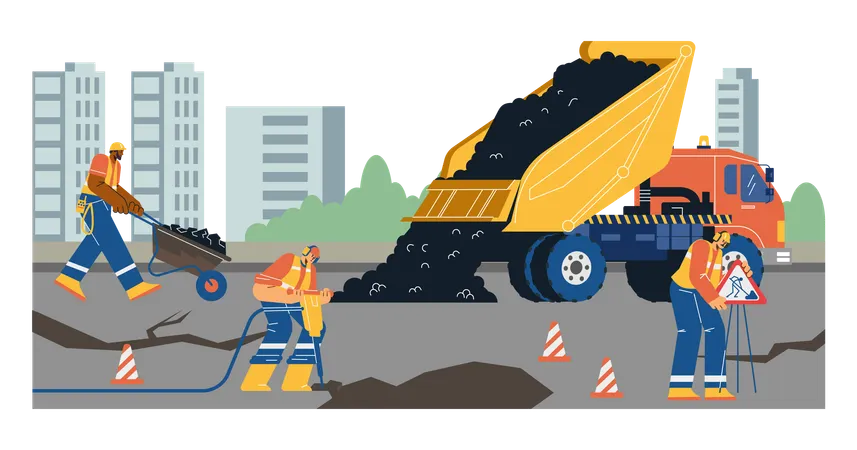 Men working at road construction  Illustration