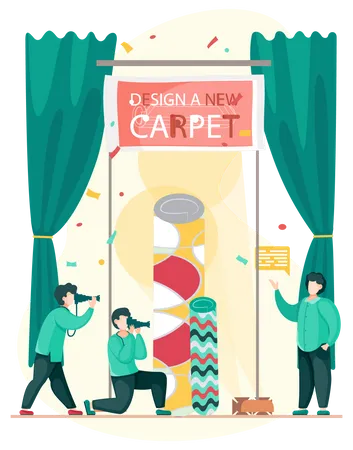 Manufacture Of Carpets Concept Men Are Working On Design Of New Carpet Interior Shop Exhibition Of Interior Items People Stand Near Rolled Carpets Photographing Rugs For Advertising Booklet Illustration