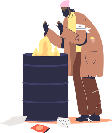 Mendiant sans abri se réchauffant les mains devant une poubelle en feu  Illustration