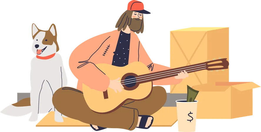 Mendigo cantando e tocando violão por dinheiro  Ilustração