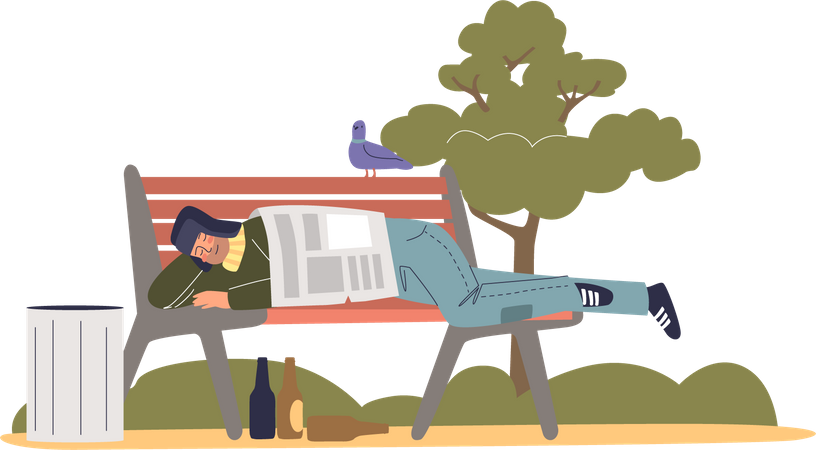 Mendigo dormindo no banco da rua  Ilustração