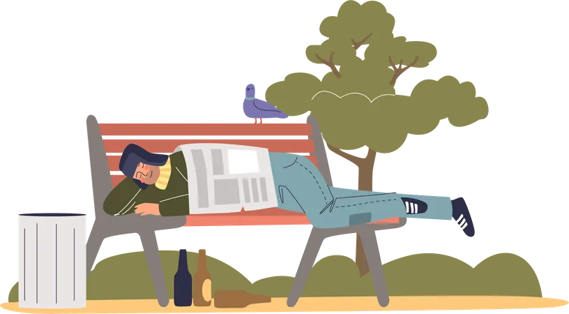 Mendigo dormindo no banco da rua  Ilustração