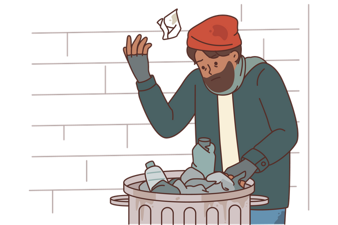 Mendigo encontrando comida en el cubo de la basura  Ilustración