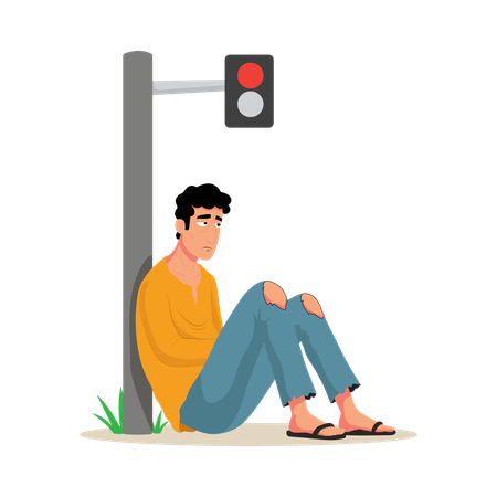 Mendigo sentado na rua  Ilustração