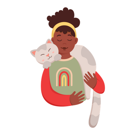 Menina abraçada com gato  Ilustração