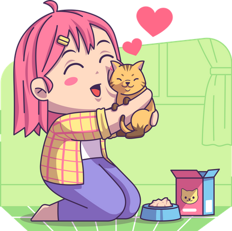 Menina abraçando gato de estimação  Ilustração