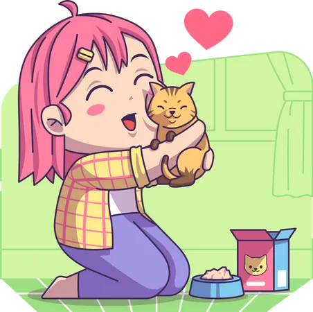 Menina abraçando gato de estimação  Ilustração