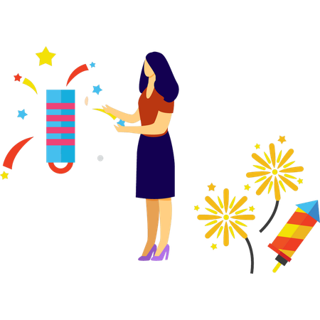 Menina acendendo fogos de artifício  Ilustração