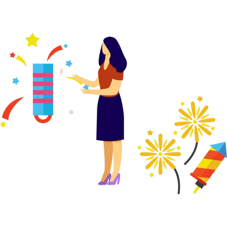 Menina acendendo fogos de artifício  Ilustração