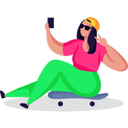 Menina adolescente clicando em selfie enquanto está sentado no skate  Ilustração