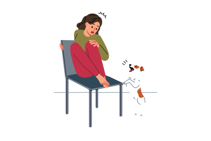 Menina adolescente com medo de cachorro sobe na cadeira para se esconder do cachorrinho e precisa de tratamento para cinofobia  Ilustração