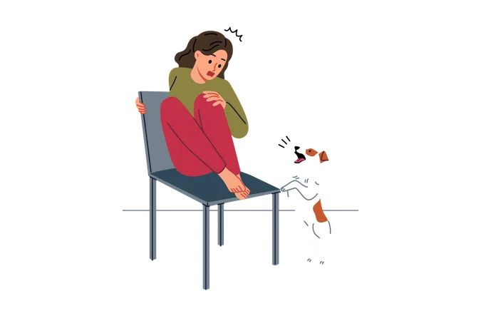 Menina adolescente com medo de cachorro sobe na cadeira para se esconder do cachorrinho e precisa de tratamento para cinofobia  Ilustração