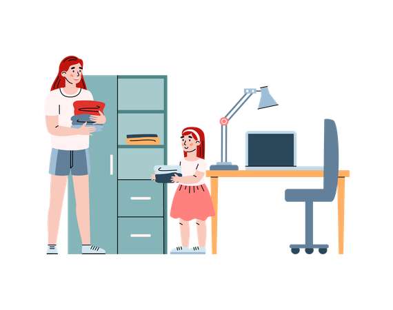 Menina ajudando a mãe a separar a roupa  Ilustração