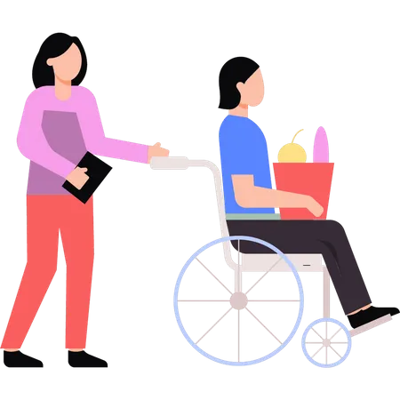Menina ajudando menina deficiente em cadeira de rodas  Ilustração