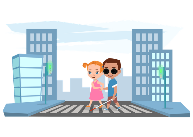 Menina ajuda menino cego a atravessar a rua  Ilustração