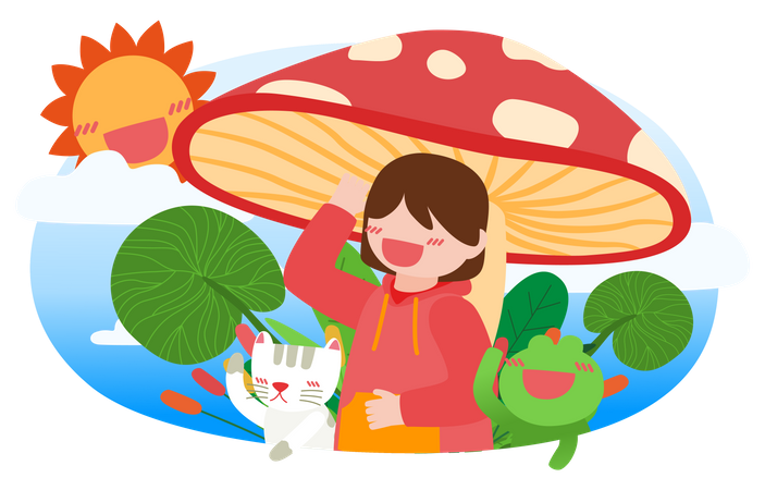 Menina alegre brincando com gatinho e sapo sob grande cogumelo  Ilustração