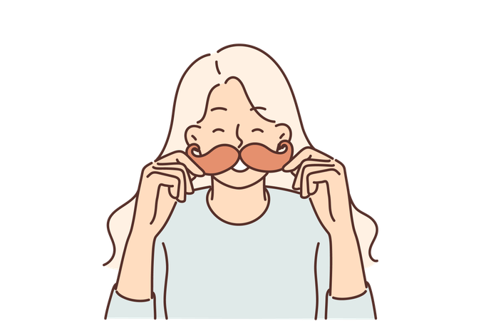 Garota alegre coloca bigode de papelão no rosto e ri escolhendo máscara engraçada para foto  Ilustração