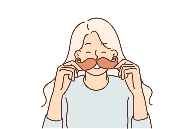 Garota alegre coloca bigode de papelão no rosto e ri escolhendo máscara engraçada para foto  Ilustração