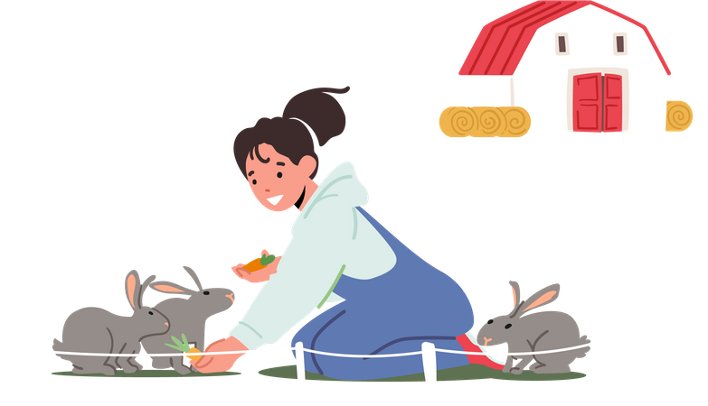 Menina alimentando coelhos com cenoura  Ilustração