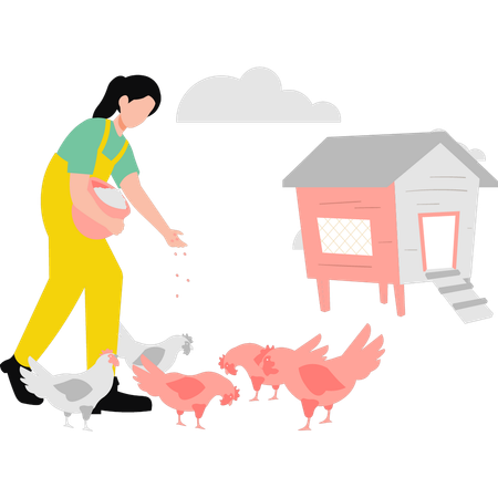 Menina alimentando galinhas  Ilustração